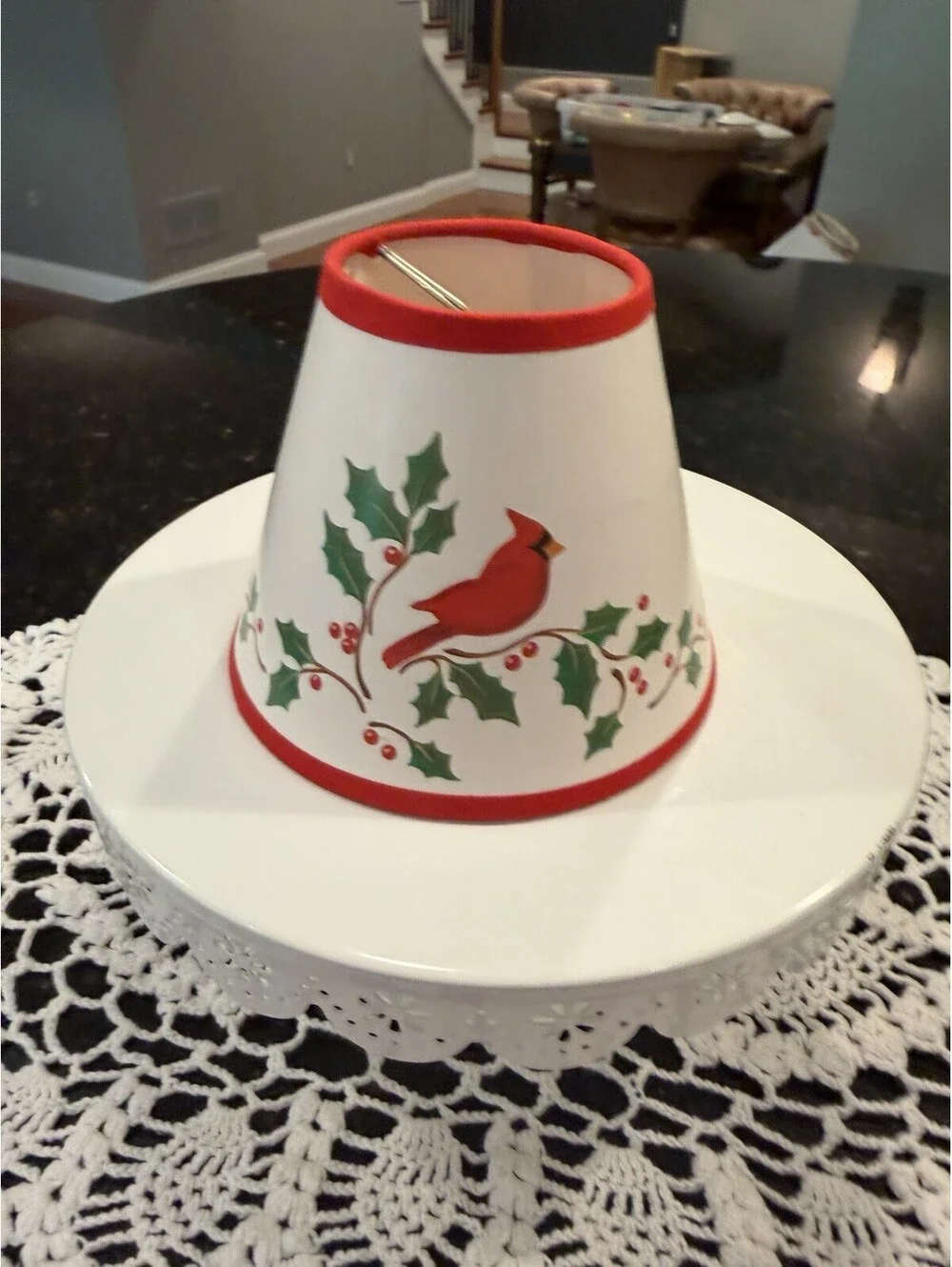 Vtg Christmas Clip On Mini Lamp Shade Cardinal & Holly Berries 4x5”